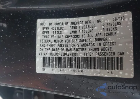 2013 Honda Accord Ex-L из США, поврежденный, VIN 1HGCR2F82DA270991